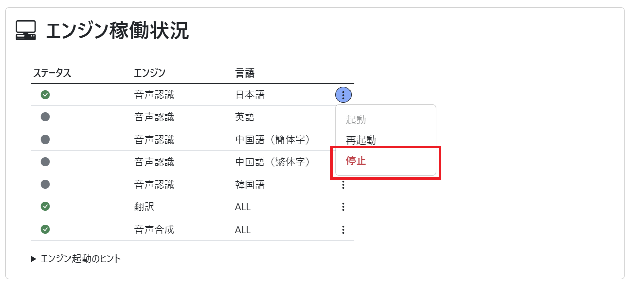 ダッシュボード(エンジン稼働状況 停止)